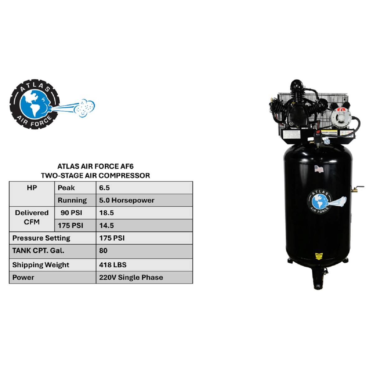 Atlas AF6 Air Compressor, 5HP Motor, 80-Gallon Tank, Quiet Operation - Picture 5 of 7
